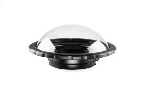 A dome port designed for SIREN housings, featuring a large clear acrylic dome and a durable black base with a ridged edge for secure mounting. Ideal for capturing wide-angle and over-under shots in surf and underwater cinematography.