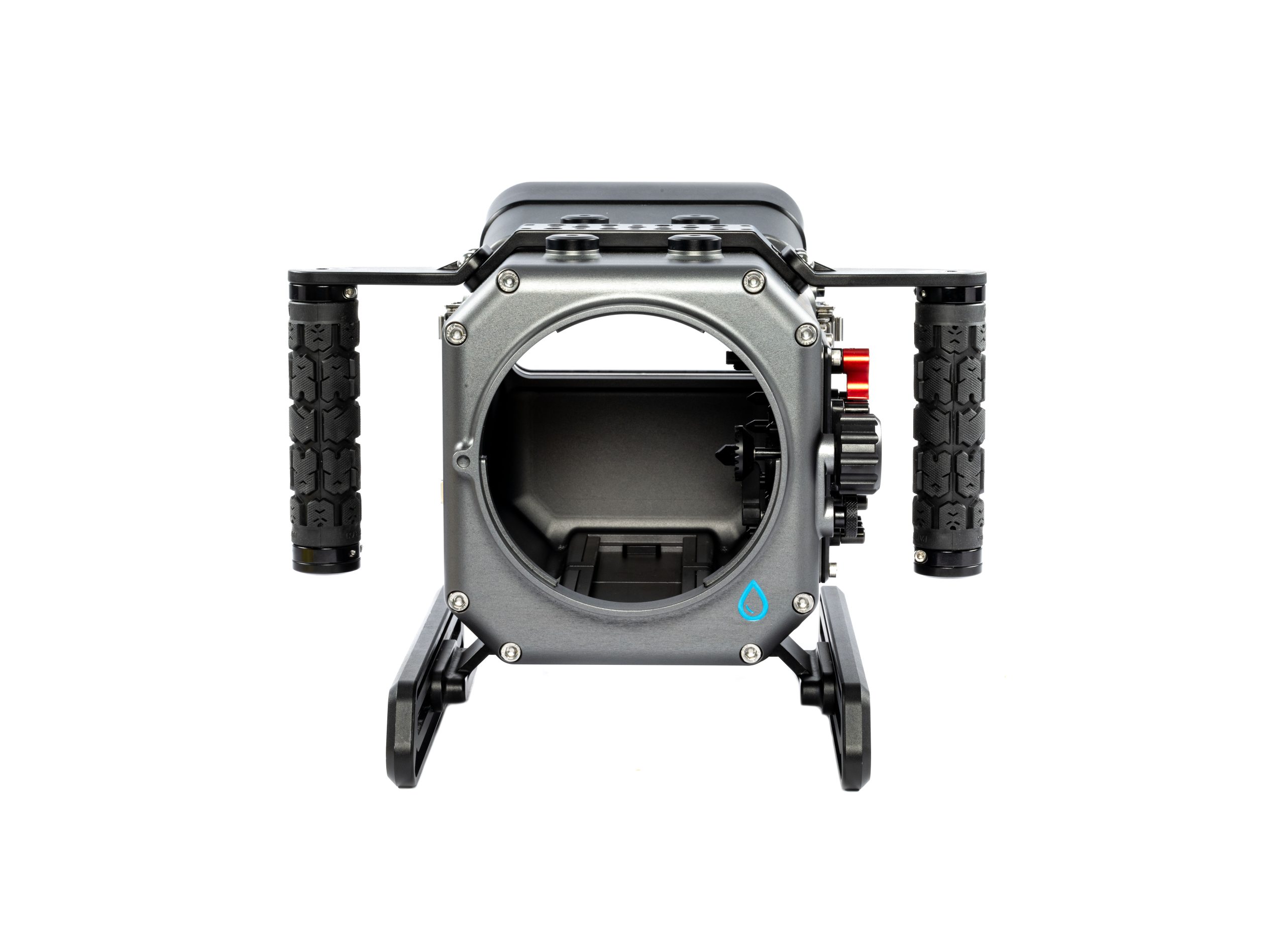 Front view of the Salty SIREN housing for the Sony FX6, featuring a rugged metal body with dual textured side handles and a large circular lens port opening. Built for ocean photography, the housing includes a stable skid base and external control dials.