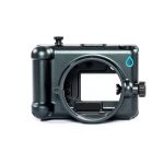 A sleek black underwater camera housing designed for Fujifilm cameras is displayed on a white background, featuring a large lens port opening, control dials, and Salty Surf Housings logo on the top right corner.