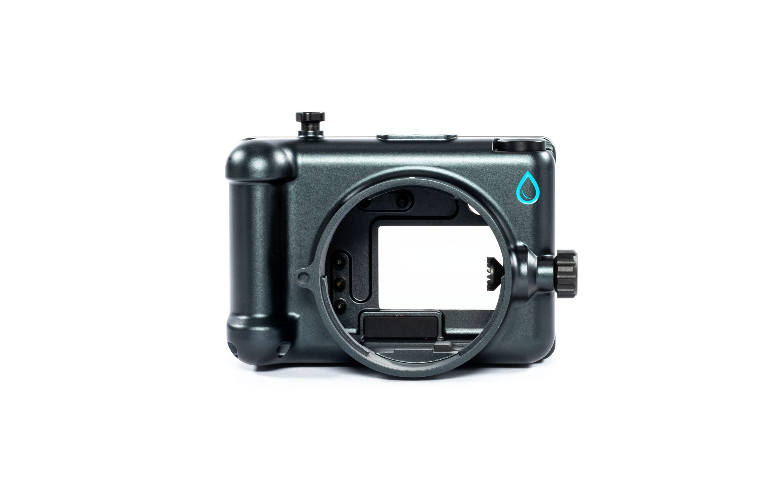 A sleek black underwater camera housing designed for Fujifilm cameras is displayed on a white background, featuring a large lens port opening, control dials, and Salty Surf Housings logo on the top right corner.