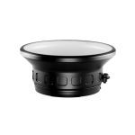 Wide flat port designed for underwater camera housings, featuring a broad flat glass front and robust black aluminum base with a secure locking mechanism.