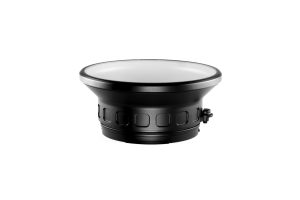 Wide flat port designed for underwater camera housings, featuring a broad flat glass front and robust black aluminum base with a secure locking mechanism.