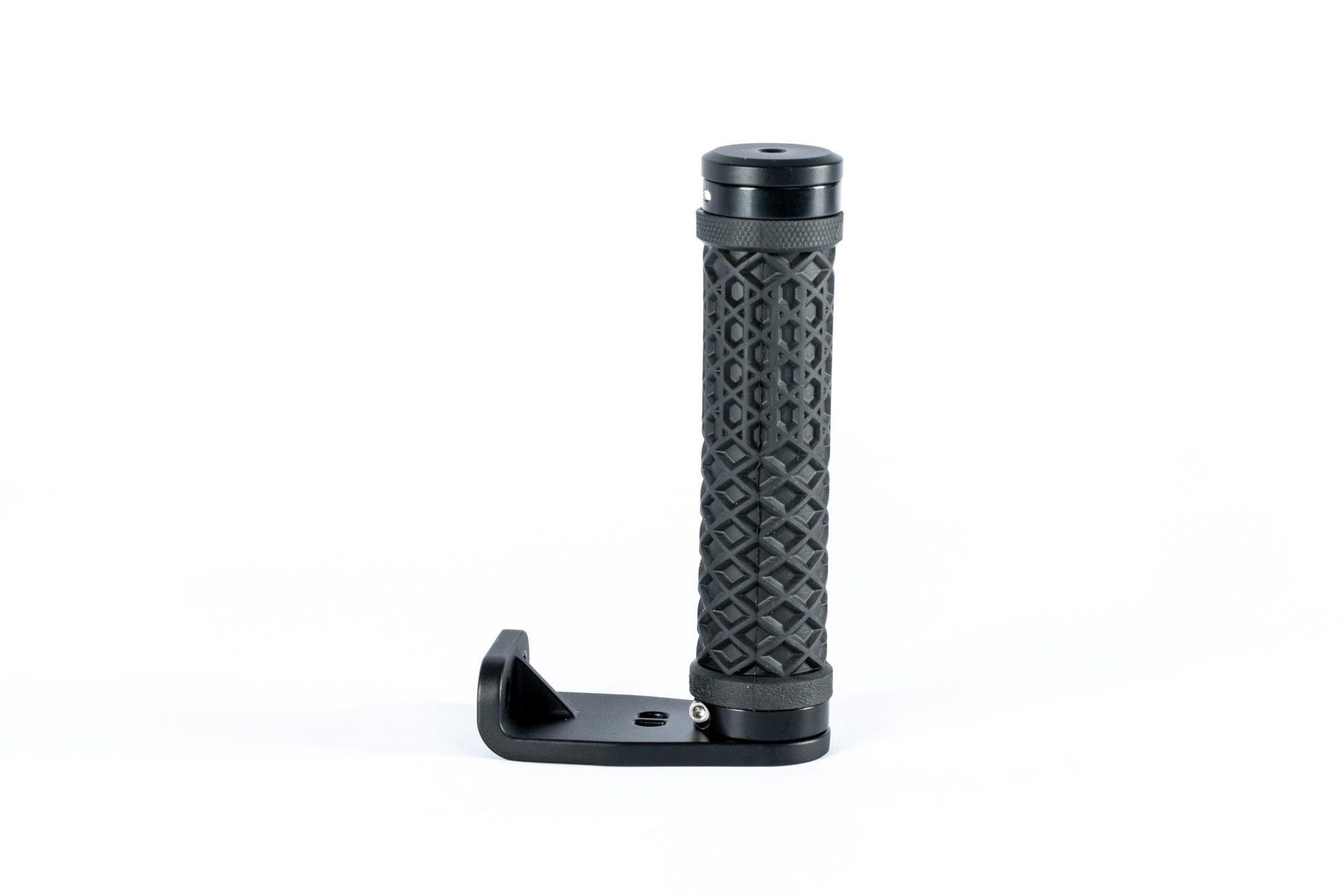 A black camera housing side handle from Salty Surf Housings with a textured, diamond-patterned surface and an L-shaped mounting bracket, designed for secure handling during underwater or surf photography.