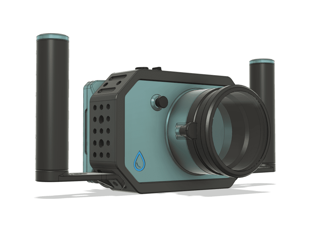 A digital render of the Nikon ZR Compact Camera Housing by Salty Surf Housings, featuring a streamlined, two-tone body with dual side handles, a prominent front lens port, and the brand’s blue water droplet logo.