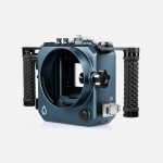 Siren by Salty Nikon ZR Boosted underwater housing front angle view with empty camera bay and dual handles