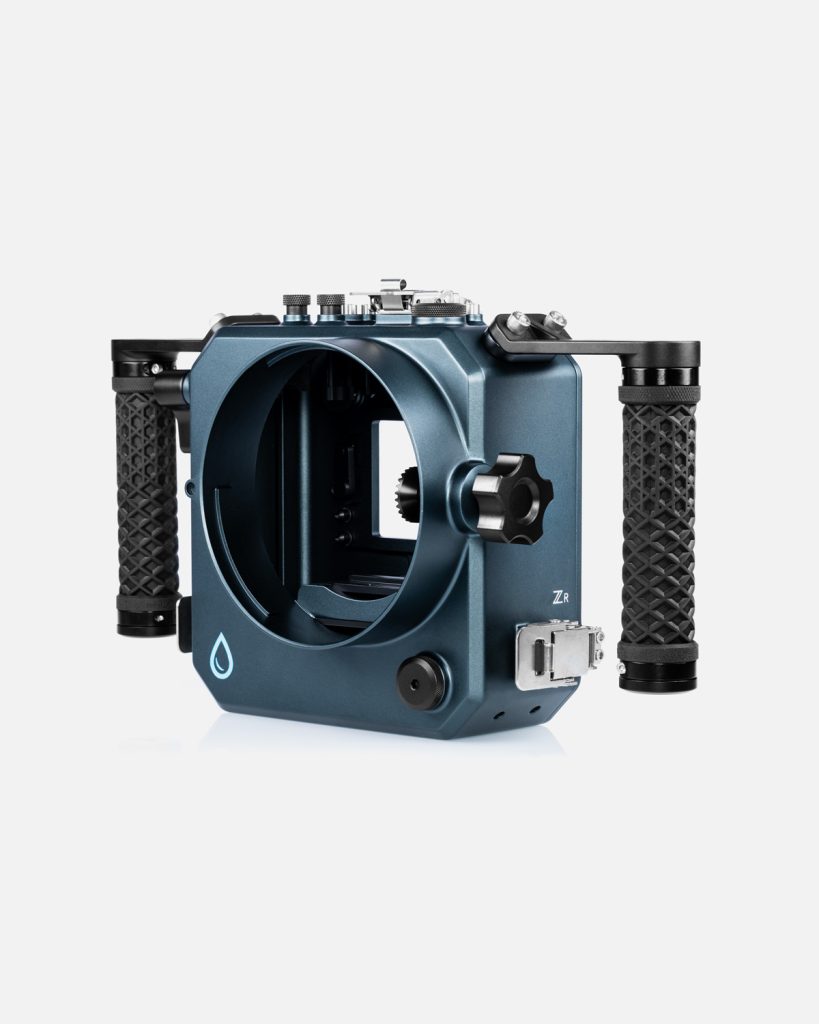 Siren by Salty Nikon ZR Boosted underwater housing front angle view with empty camera bay and dual handles