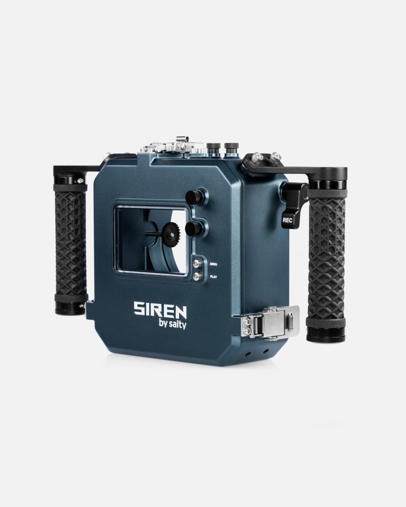 Siren by Salty Nikon ZR Boosted underwater housing rear angle view with dual ergonomic handles and REC button