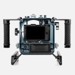 Nikon ZR Boosted underwater housing open back view showing camera bay interior LCD screen and skid system
