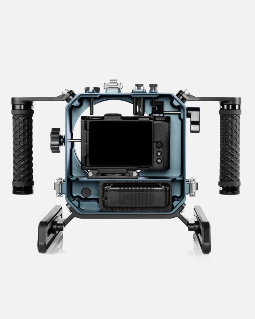 Nikon ZR Boosted underwater housing open back view showing camera bay interior LCD screen and skid system