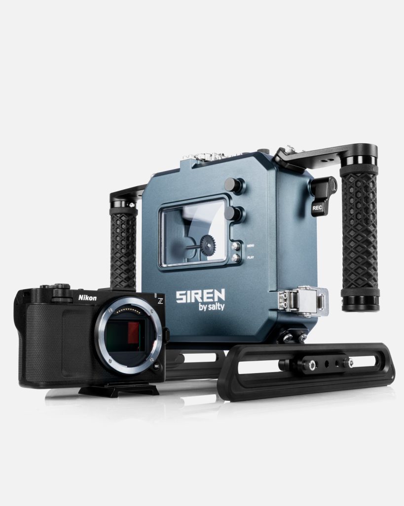 Nikon ZR Boosted underwater housing kit with Nikon Z camera body and skid tray separated
