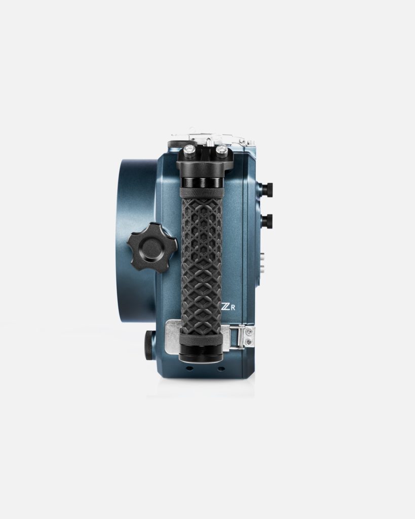 Nikon ZR Boosted underwater housing side profile showing lens port and ergonomic handle grip