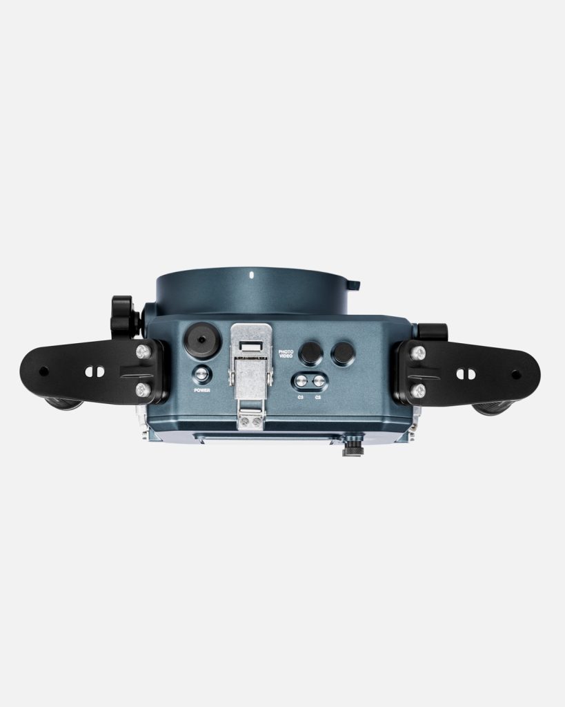 Nikon ZR Boosted underwater housing top down view showing power photo video and custom button layout