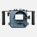 Nikon ZR Boosted underwater housing straight front view with empty Nikon Z mount and dual handles