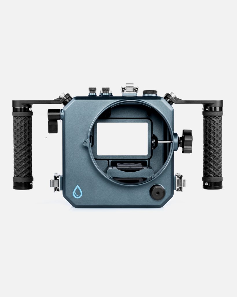 Nikon ZR Boosted underwater housing straight front view with empty Nikon Z mount and dual handles